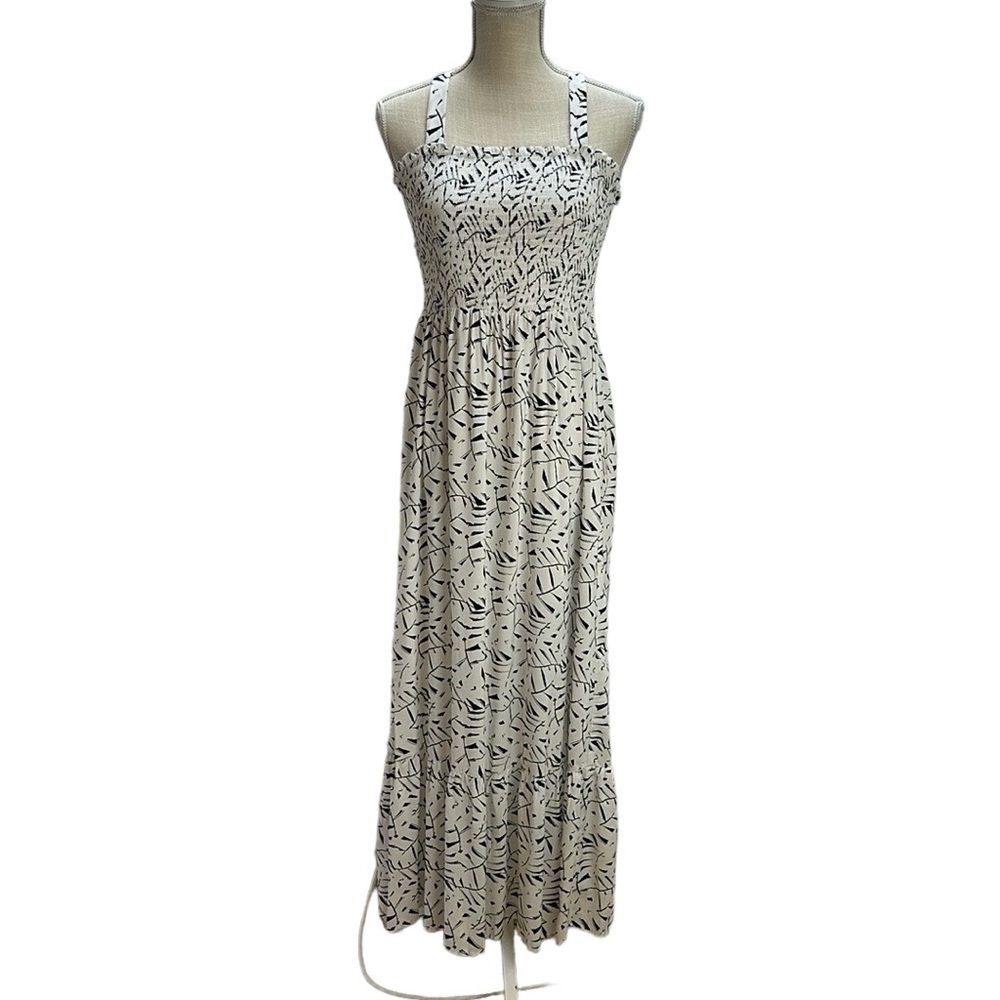 Ophelia Roe Smocked Bodice Abstract Print Maxi Dress Medium Ruffle Hem S…